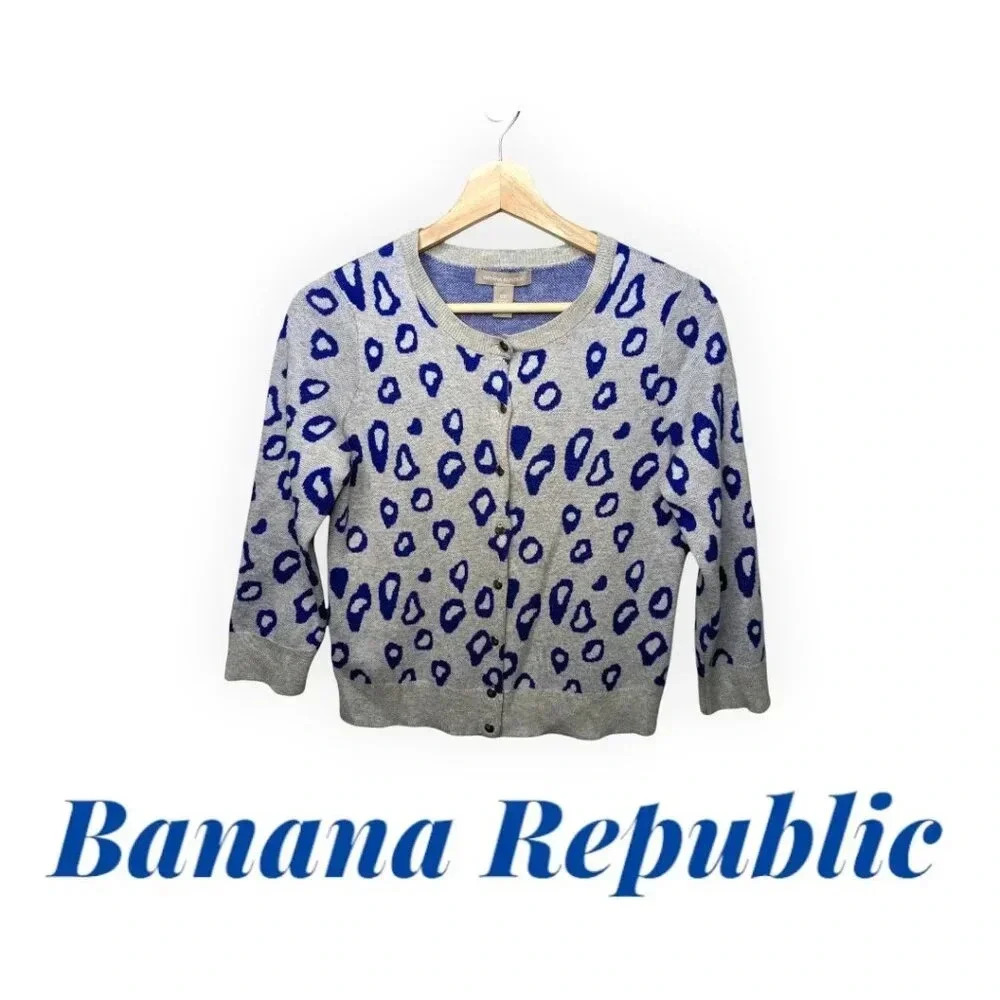 Banana Republic Womens Grey Blue Leopard Print Cardigan Sweater Wool Knit Sz S/P